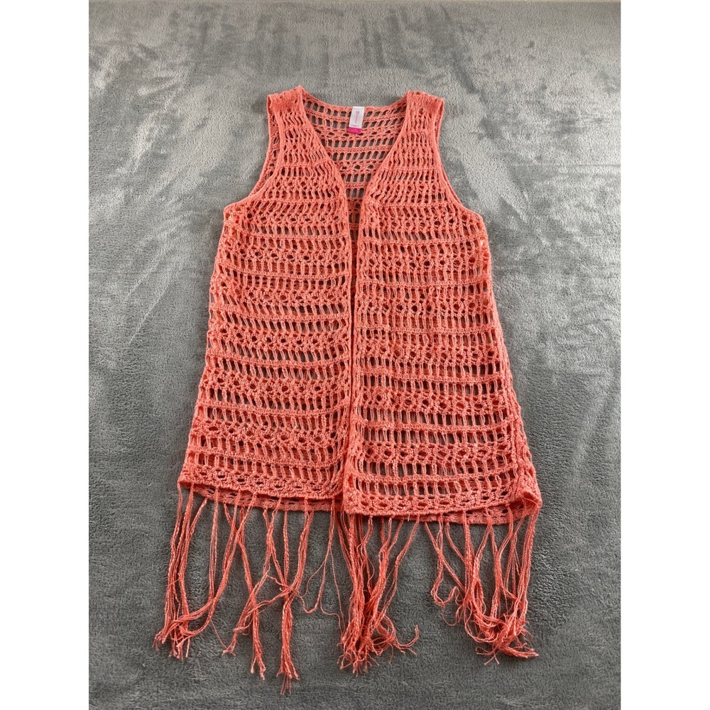 No Boundaries Coral Pink Crochet Fringe Vest Open Knit Sleeveless L/G 11-13 Boho